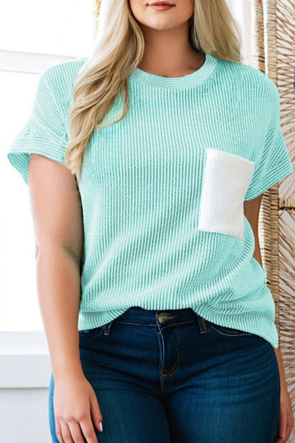 Light Blue Twisted Rib Contrast Pocket Knit Crew Neck Plus Size T Shirt